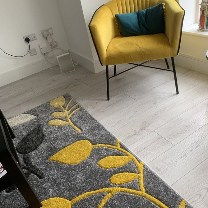 Portland 1096 1 Modern Floral Leaf Carved Durable Short Pile Grey/Cream/Yellow Rug-Melrose-Rug Love - The Most Loved Rug Store