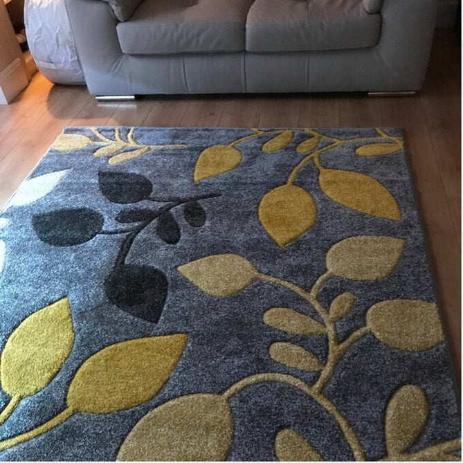 Portland 1096 1 Modern Floral Leaf Carved Durable Short Pile Grey/Cream/Yellow Rug-Melrose-Rug Love - The Most Loved Rug Store