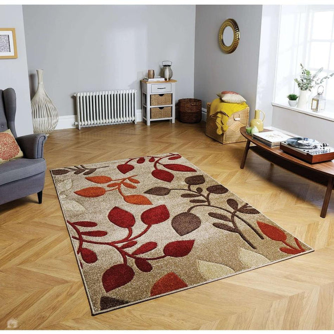 Portland 1096 M Modern Floral Leaf Carved Durable Short Pile Beige/Cream/Red/Terra Rug-Melrose-Rug Love - The Most Loved Rug Store