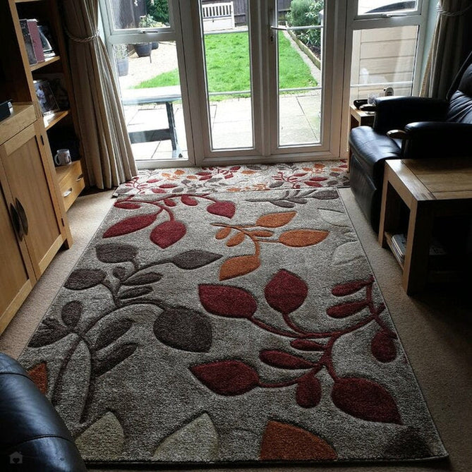 Portland 1096 M Modern Floral Leaf Carved Durable Short Pile Beige/Cream/Red/Terra Rug-Melrose-Rug Love - The Most Loved Rug Store
