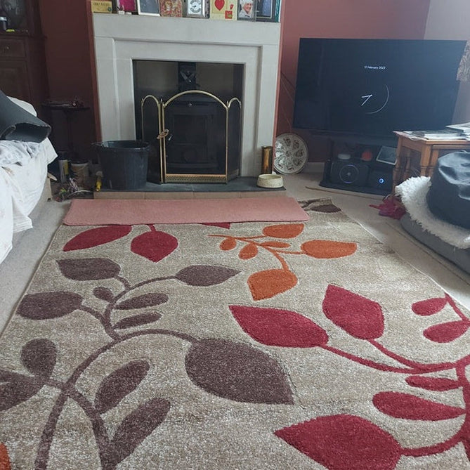 Portland 1096 M Modern Floral Leaf Carved Durable Short Pile Beige/Cream/Red/Terra Rug-Melrose-Rug Love - The Most Loved Rug Store