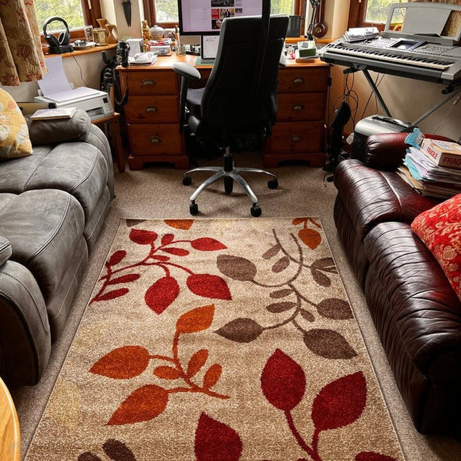 Portland 1096 M Modern Floral Leaf Carved Durable Short Pile Beige/Cream/Red/Terra Rug-Melrose-Rug Love - The Most Loved Rug Store