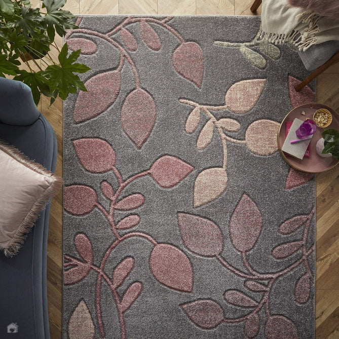Portland 1096 V Modern Floral Leaf Carved Durable Short Pile Pink/Charcoal Grey/Cream Rug-Melrose-Rug Love - The Most Loved Rug Store