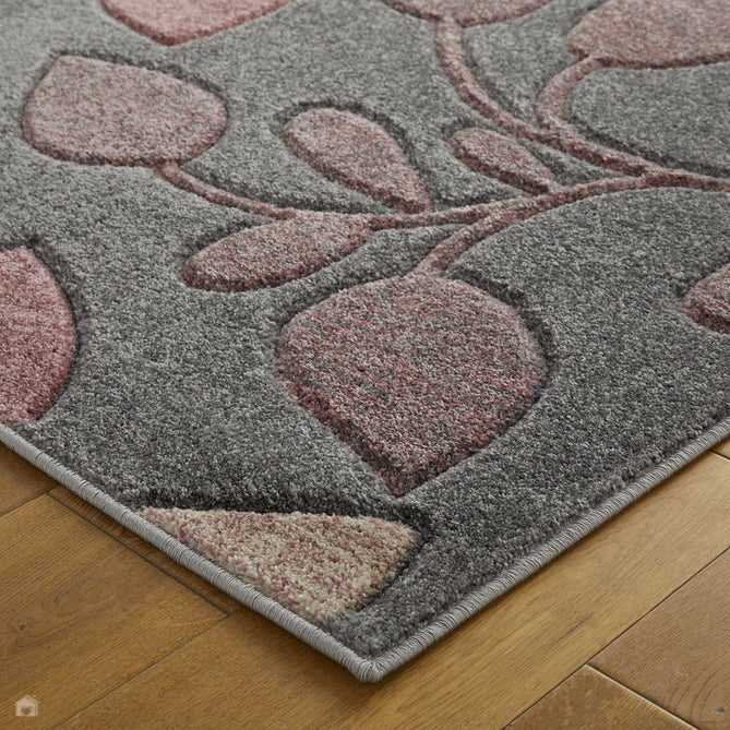 Portland 1096 V Modern Floral Leaf Carved Durable Short Pile Pink/Charcoal Grey/Cream Rug-Melrose-Rug Love - The Most Loved Rug Store