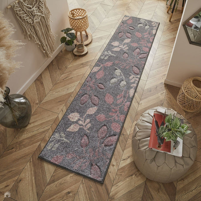 Portland 1096 V Modern Floral Leaf Carved Durable Short Pile Pink/Charcoal Grey/Cream Rug-Melrose-Rug Love - The Most Loved Rug Store