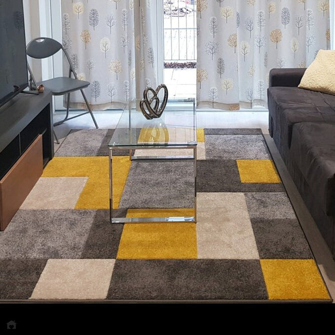Portland 8425 I Modern Geometric Carved Durable Short Pile Grey/Yellow/Cream Rug-Melrose-Rug Love - The Most Loved Rug Store