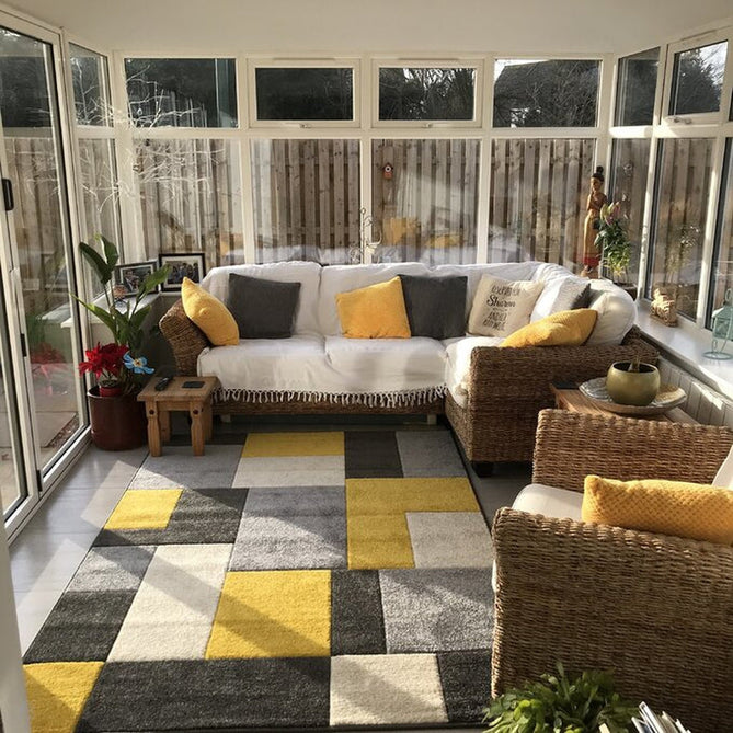 Portland 8425 I Modern Geometric Carved Durable Short Pile Grey/Yellow/Cream Rug-Melrose-Rug Love - The Most Loved Rug Store