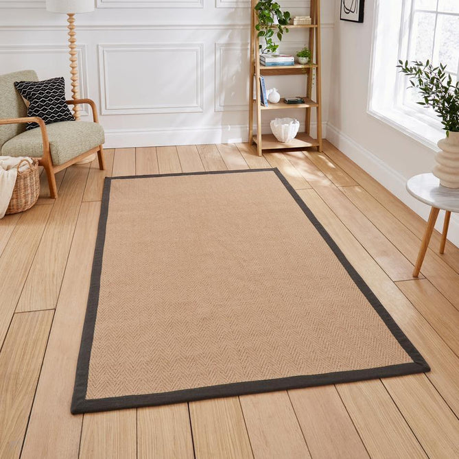 Portland Jute Cotton Border Modern Plain Hand-Woven Textured Herringbone Flatweave Natural/Charcoal Grey Rug-Think Rugs-Rug Love - The Most Loved Rug Store