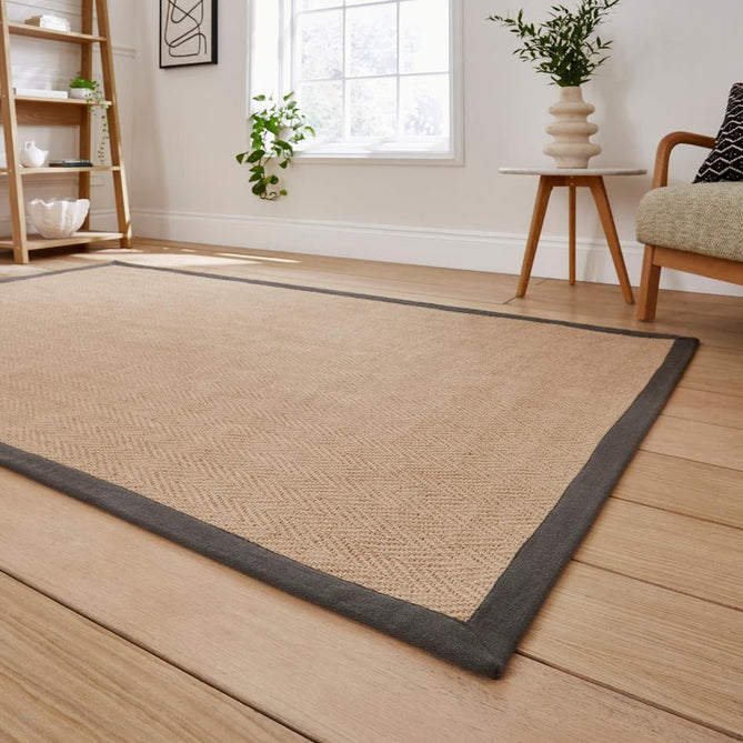 Portland Jute Cotton Border Modern Plain Hand-Woven Textured Herringbone Flatweave Natural/Charcoal Grey Rug-Think Rugs-Rug Love - The Most Loved Rug Store