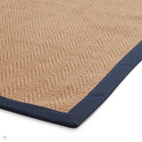 Portland Jute Cotton Border Modern Plain Hand-Woven Textured Herringbone Flatweave Natural/Deep Navy Blue Extra Long Runner