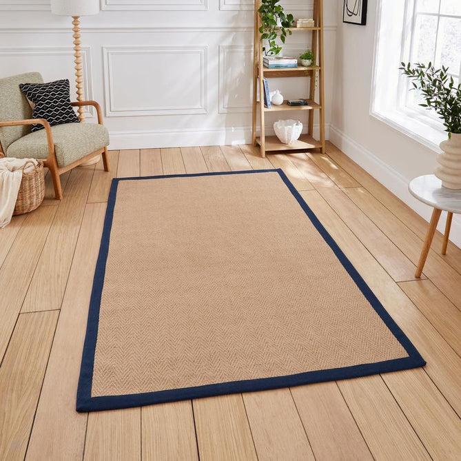 Portland Jute Cotton Border Modern Plain Hand-Woven Textured Herringbone Flatweave Natural/Deep Navy Blue Rug-Think Rugs-Rug Love - The Most Loved Rug Store