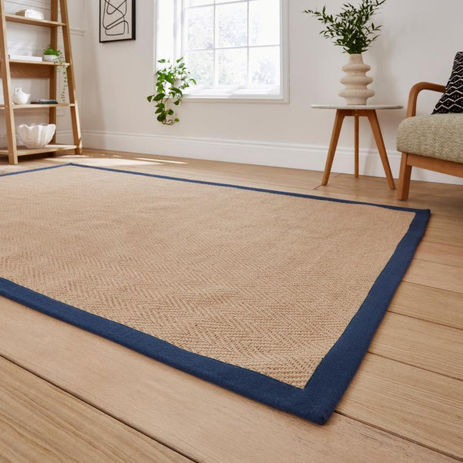Portland Jute Cotton Border Modern Plain Hand-Woven Textured Herringbone Flatweave Natural/Deep Navy Blue Rug-Think Rugs-Rug Love - The Most Loved Rug Store