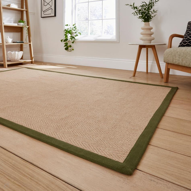 Portland Jute Cotton Border Modern Plain Hand-Woven Textured Herringbone Flatweave Natural/Olive Green Rug-Think Rugs-Rug Love - The Most Loved Rug Store
