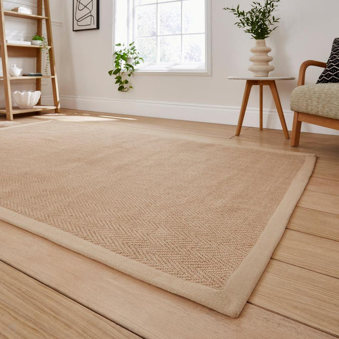 Portland Jute Cotton Border Modern Plain Hand-Woven Textured Herringbone Flatweave Natural/Soft Beige Rug-Think Rugs-Rug Love - The Most Loved Rug Store