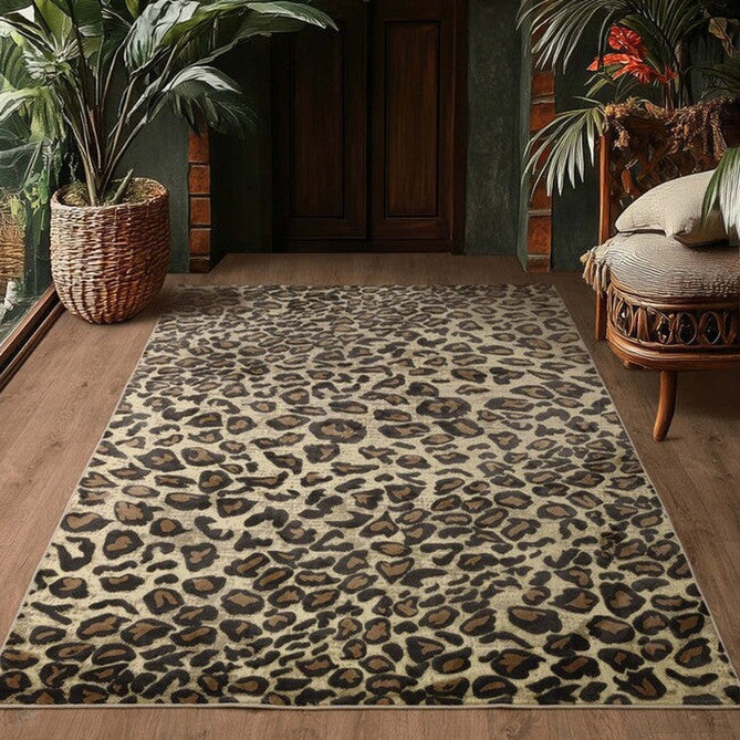 Quantum QU01 Modern Leopard Print Metallic Shimmer Textured High-Density Soft Smooth Low Profile Polyblend Short-Pile Warm Gold/Deep Brown/Charcoal/Olive Rug-Asiatic Carpets-Rug Love - The Most Loved Rug Store
