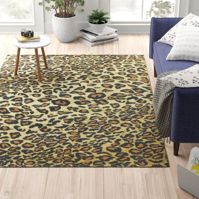 Quantum QU01 Modern Leopard Print Metallic Shimmer Textured High-Density Soft Smooth Low Profile Polyblend Short-Pile Warm Gold/Deep Brown/Charcoal/Olive Rug-Asiatic Carpets-Rug Love - The Most Loved Rug Store