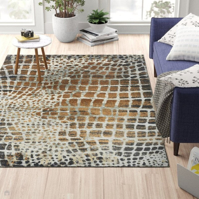 Quantum QU02 Modern Giraffe Print Metallic Shimmer Textured Short Pile Silver/Brown Rug-Asiatic Carpets-Rug Love - The Most Loved Rug Store