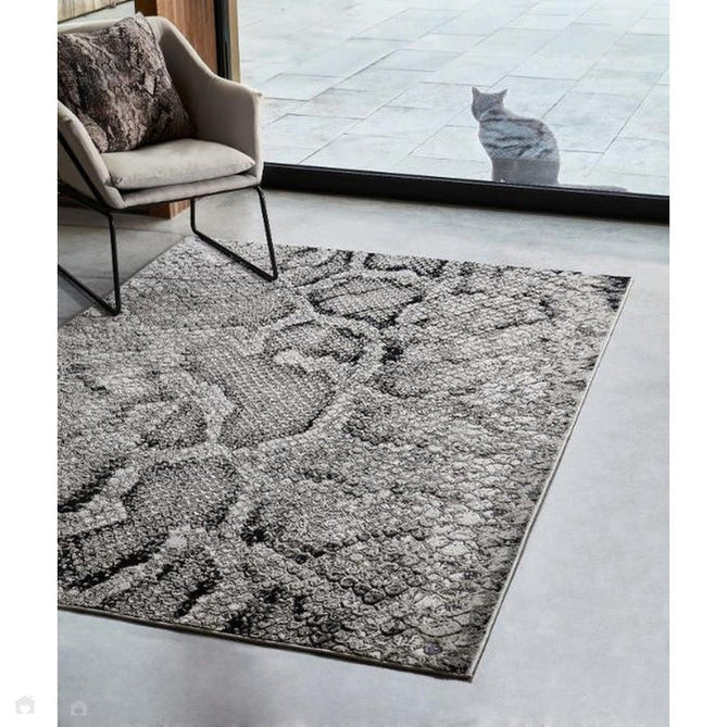 Quantum QU03 Modern Snake Print Metallic Shimmer Textured High-Density Soft Smooth Low Profile Polyblend Short-Pile Cream/Grey/Black Rug-Asiatic Carpets-Rug Love - The Most Loved Rug Store