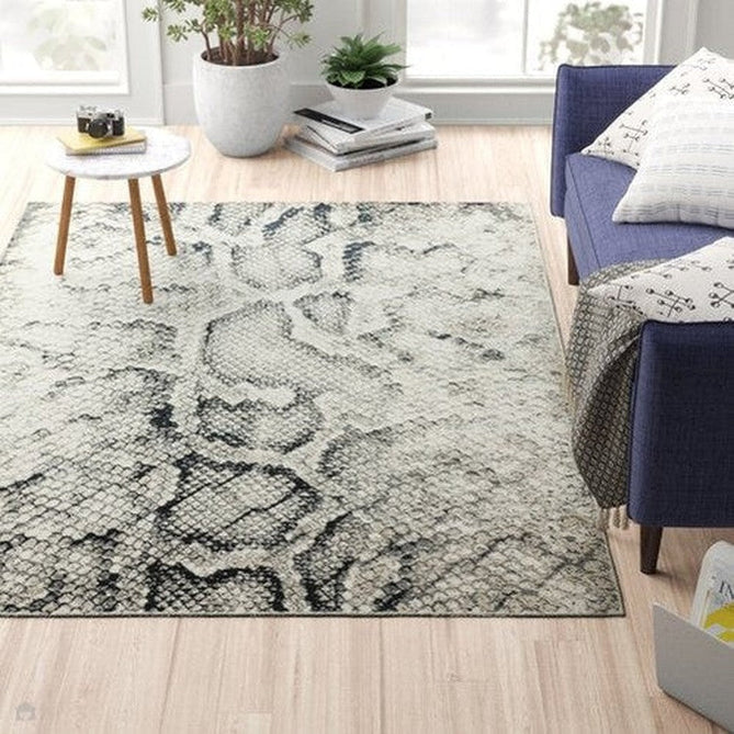 Quantum QU03 Modern Snake Print Metallic Shimmer Textured High-Density Soft Smooth Low Profile Polyblend Short-Pile Cream/Grey/Black Rug-Asiatic Carpets-Rug Love - The Most Loved Rug Store