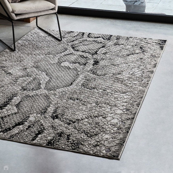 Quantum QU03 Modern Snake Print Metallic Shimmer Textured Short Pile Black/Grey/Cream Rug-Asiatic Carpets-Rug Love - The Most Loved Rug Store