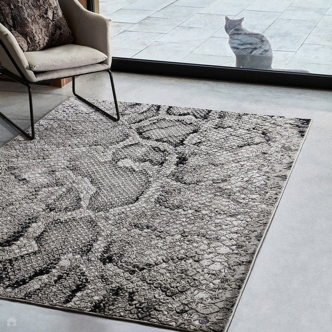 Quantum QU03 Modern Snake Print Metallic Shimmer Textured Short Pile Black/Grey/Cream Rug-Asiatic Carpets-Rug Love - The Most Loved Rug Store