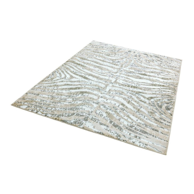 Quantum QU04 Modern Zebra Print Metallic Shimmer Textured High-Density Soft Smooth Low Profile Polyblend Short-Pile Grey/Silver/Cream Rug-Asiatic Carpets-Rug Love - The Most Loved Rug Store