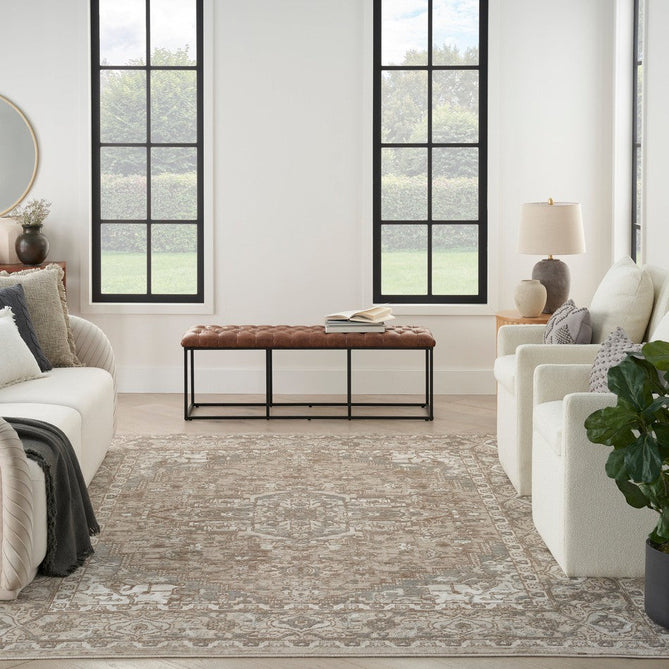 Quarry QUA05 Traditional Persian Vintage Distressed Floral Medallion Border Soft Textured Durable Low Profile Short Pile Beige/Grey/Ivory Rug-Nourison-Rug Love - The Most Loved Rug Store