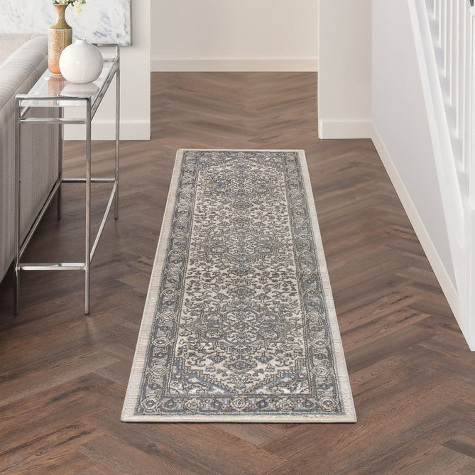 Quarry QUA05 Traditional Persian Vintage Distressed Floral Medallion Border Soft Textured Durable Low Profile Short Pile Ivory/Blue/Grey/Beige Rug-Nourison-Rug Love - The Most Loved Rug Store