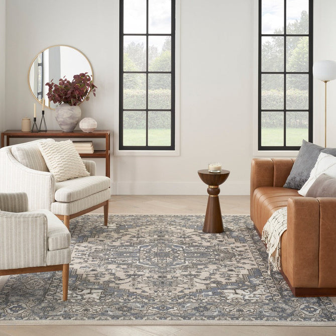 Quarry QUA05 Traditional Persian Vintage Distressed Floral Medallion Border Soft Textured Durable Low Profile Short Pile Ivory/Blue/Grey/Beige Rug-Nourison-Rug Love - The Most Loved Rug Store