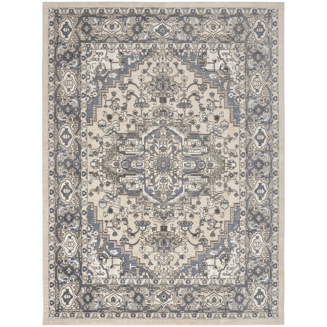 Quarry QUA05 Traditional Persian Vintage Distressed Floral Medallion Border Soft Textured Durable Low Profile Short Pile Ivory/Blue/Grey/Beige Rug-Nourison-Rug Love - The Most Loved Rug Store