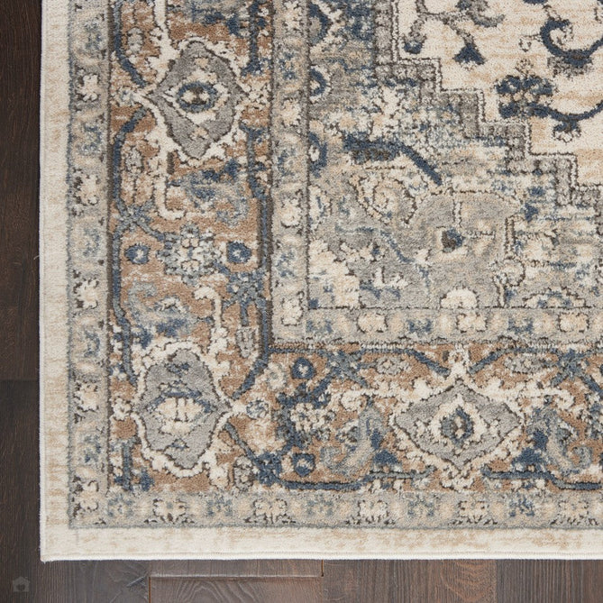 Quarry QUA05 Traditional Persian Vintage Distressed Medallion Border Soft Textured Durable Low Profile Short Pile Ivory/Grey/Beige/Steel Blue Rug-Nourison-Rug Love - The Most Loved Rug Store