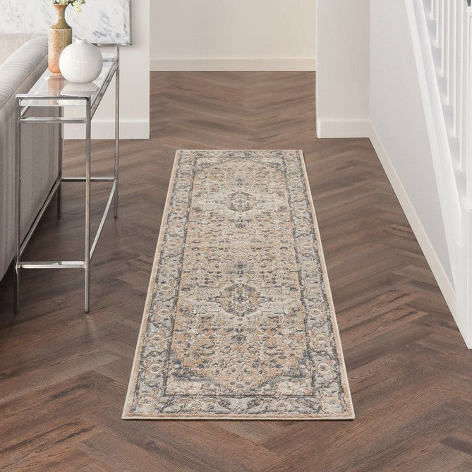 Quarry QUA05 Traditional Persian Vintage Distressed Medallion Border Textured High-Density Low Flat-Pile Beige/Grey Runner-Nourison-Rug Love - The Most Loved Rug Store