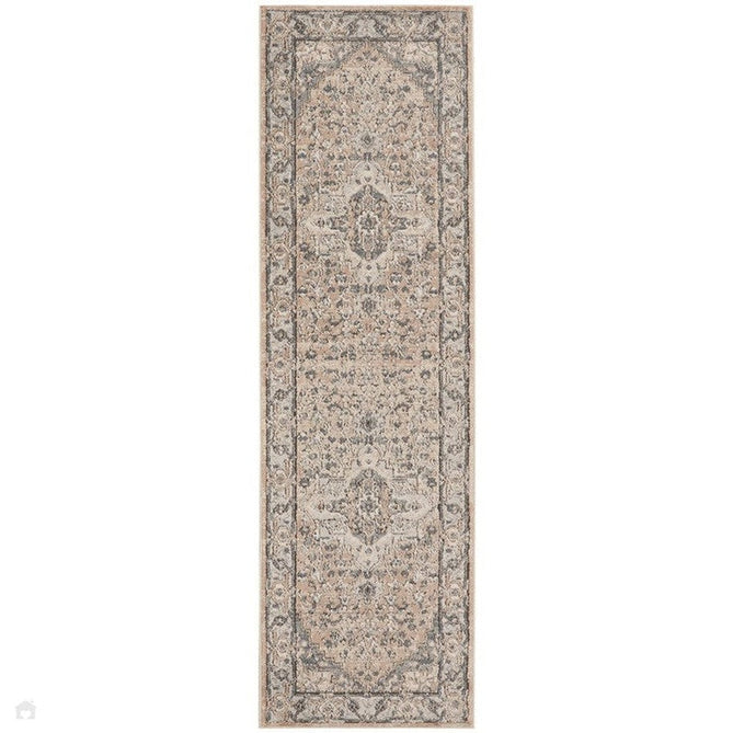 Quarry QUA05 Traditional Persian Vintage Distressed Medallion Border Textured High-Density Low Flat-Pile Beige/Grey Runner-Nourison-Rug Love - The Most Loved Rug Store