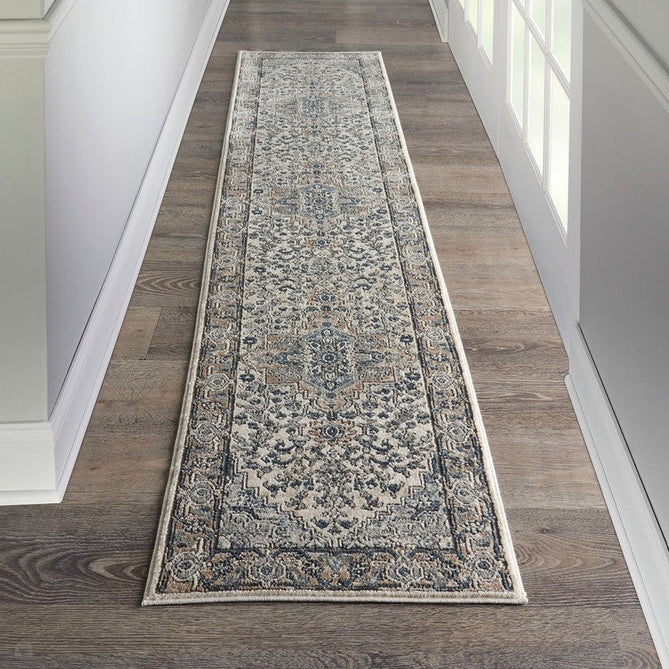 Quarry QUA05 Traditional Persian Vintage Distressed Medallion Border Textured High-Density Low Flat-Pile Ivory/Grey Runner-Nourison-Rug Love - The Most Loved Rug Store