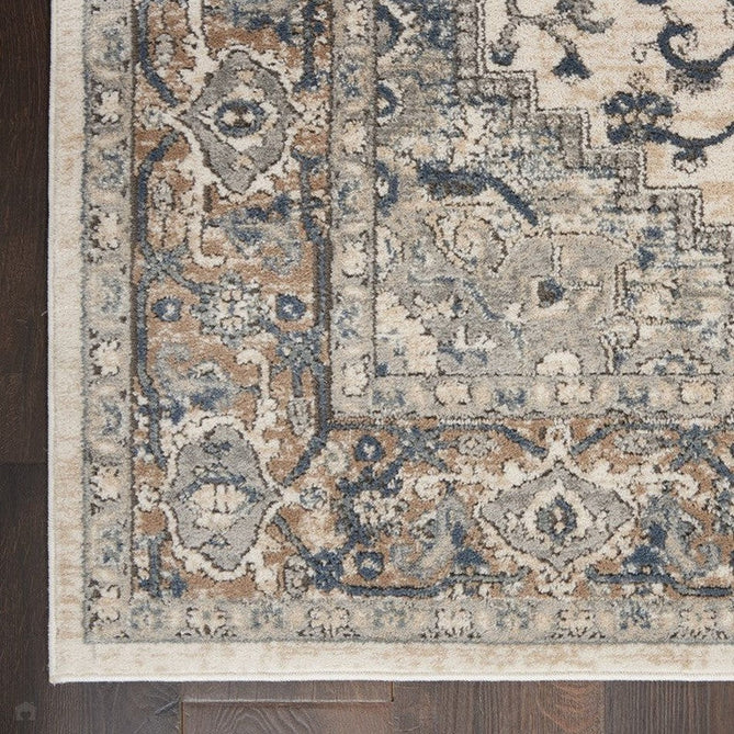Quarry QUA05 Traditional Persian Vintage Distressed Medallion Border Textured High-Density Low Flat-Pile Ivory/Grey Runner-Nourison-Rug Love - The Most Loved Rug Store
