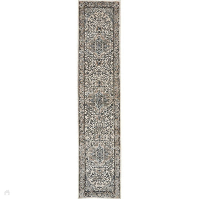 Quarry QUA05 Traditional Persian Vintage Distressed Medallion Border Textured High-Density Low Flat-Pile Ivory/Grey Runner-Nourison-Rug Love - The Most Loved Rug Store