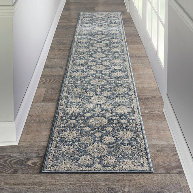 Quarry QUA06 Traditional Persian Vintage Distressed Floral Medallion Border Textured High-Density Low Flat-Pile Blue/Beige Runner-Nourison-Rug Love - The Most Loved Rug Store