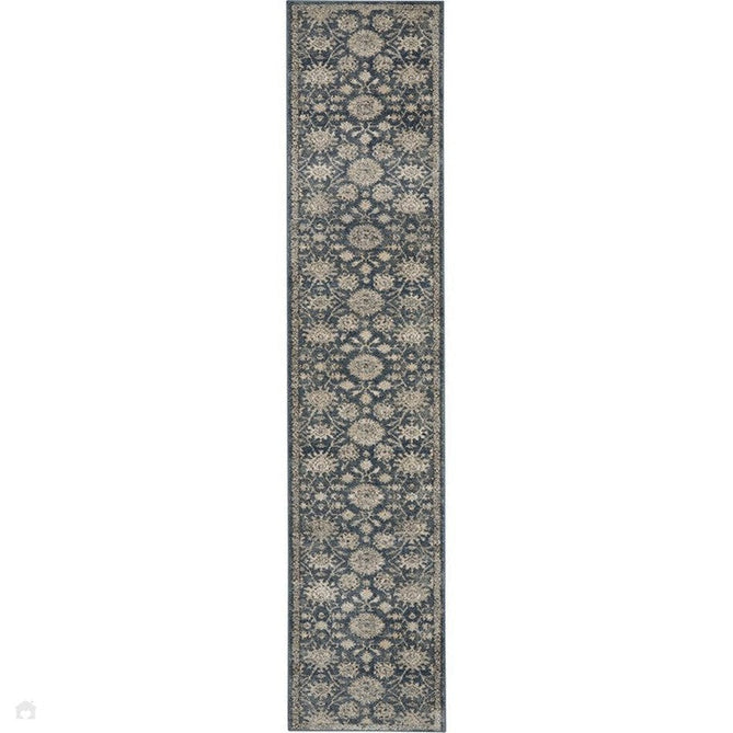Quarry QUA06 Traditional Persian Vintage Distressed Floral Medallion Border Textured High-Density Low Flat-Pile Blue/Beige Runner-Nourison-Rug Love - The Most Loved Rug Store