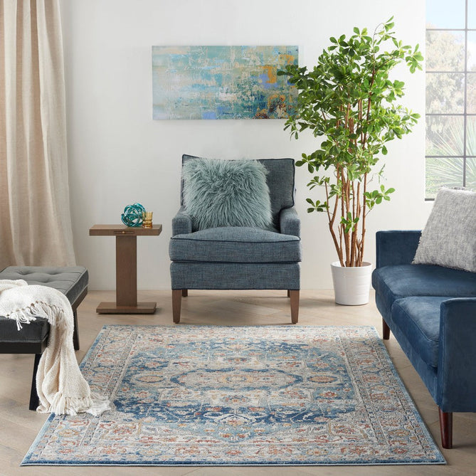 Quarry QUA11 Traditional Persian Vintage Distressed Medallion Border Soft Textured Durable Low Profile Short Pile Ivory/Blue/Multicolour Rug-Nourison-Rug Love - The Most Loved Rug Store