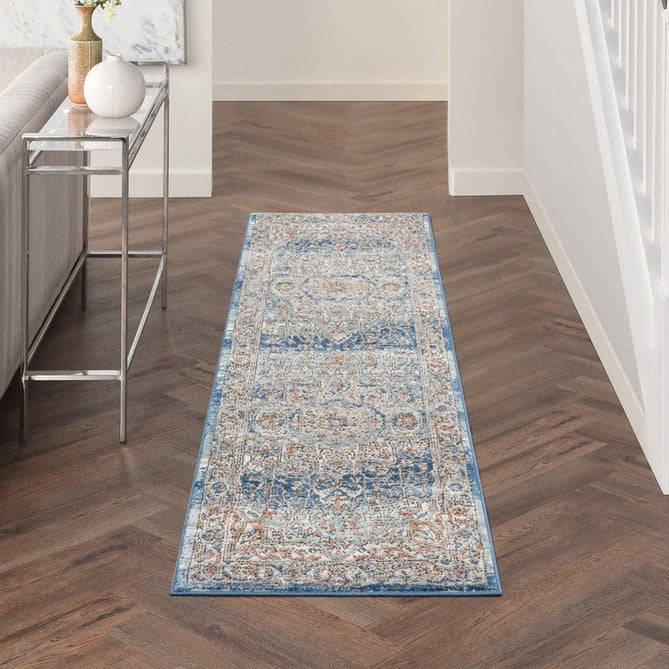 Quarry QUA11 Traditional Persian Vintage Distressed Medallion Border Textured High-Density Low Flat-Pile Ivory/Blue Runner-Nourison-Rug Love - The Most Loved Rug Store