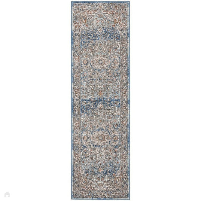 Quarry QUA11 Traditional Persian Vintage Distressed Medallion Border Textured High-Density Low Flat-Pile Ivory/Blue Runner-Nourison-Rug Love - The Most Loved Rug Store