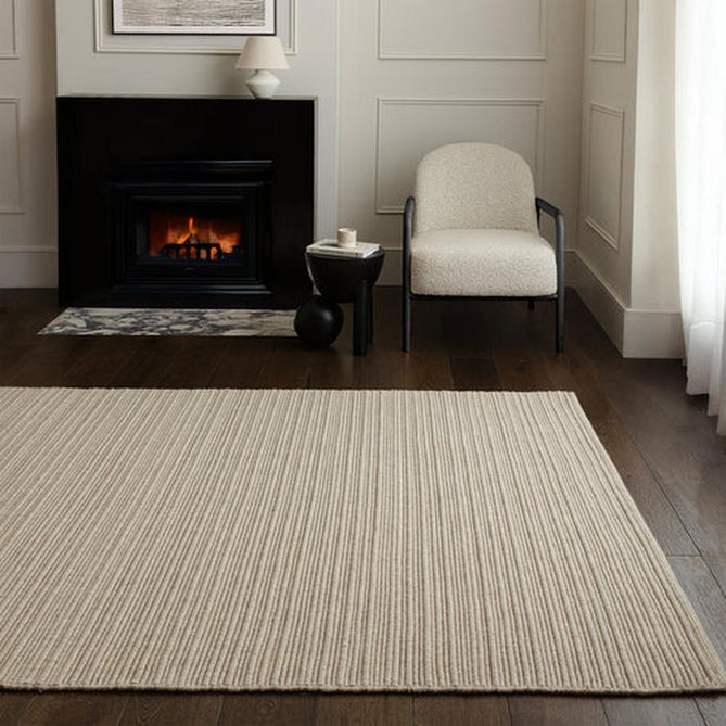 Ravine Modern Plain Linear Hand-Woven Textured Irregular Ridges Looped Ribbed Pile Low Profile Wool Ivory Rug