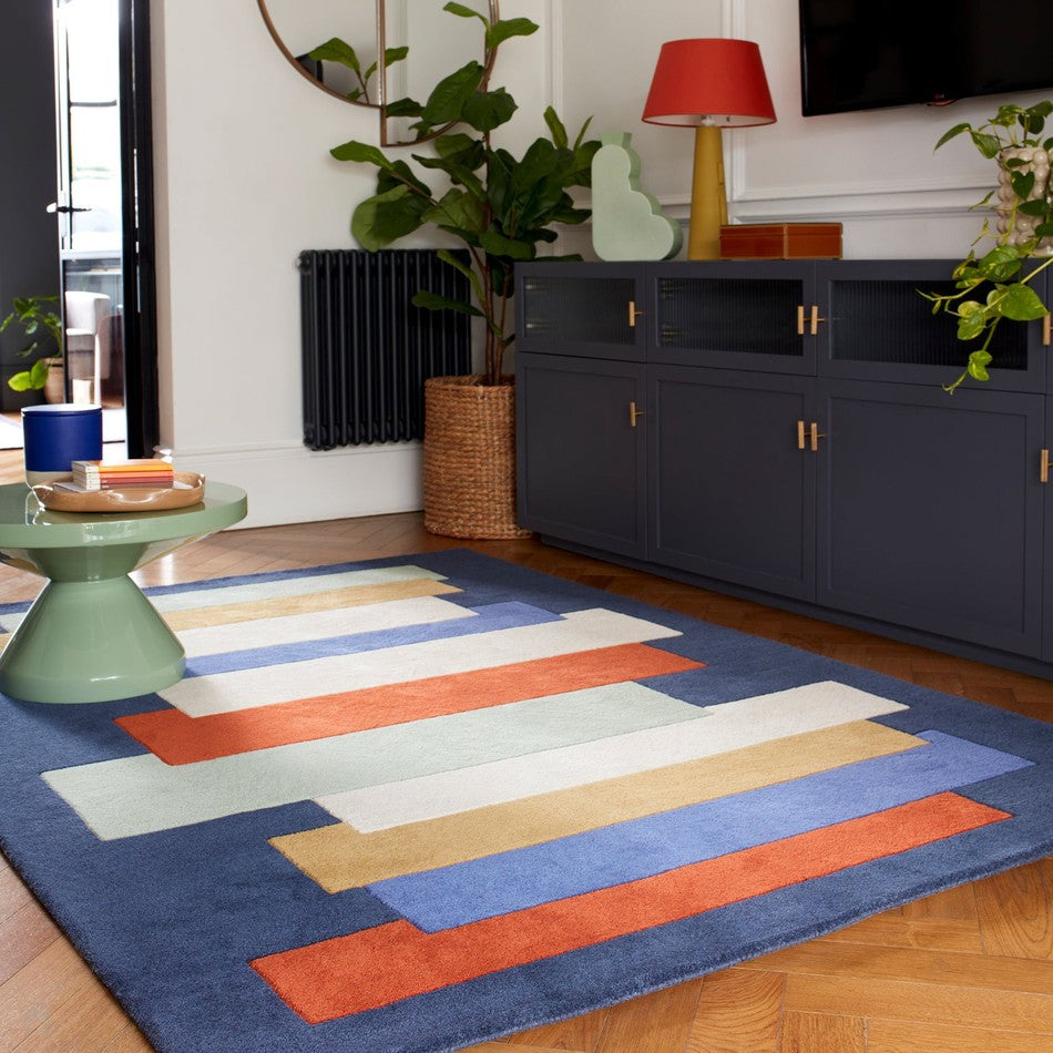 Multicolour Wool Rug On Sale Reef RF33 Stacks Modern Geometric Hand-Woven Wool Blue ...