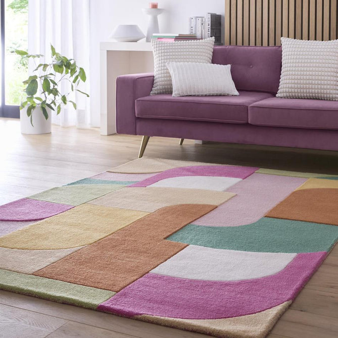 Retro Deco Modern Curved Layered Geometric Colour Block Hand-Woven Wool Fuchsia Pink/Blush/Warm Rust/Golden Yellow/Mint Green/Ivory/Soft Beige Rug-Origins-Rug Love - The Most Loved Rug Store