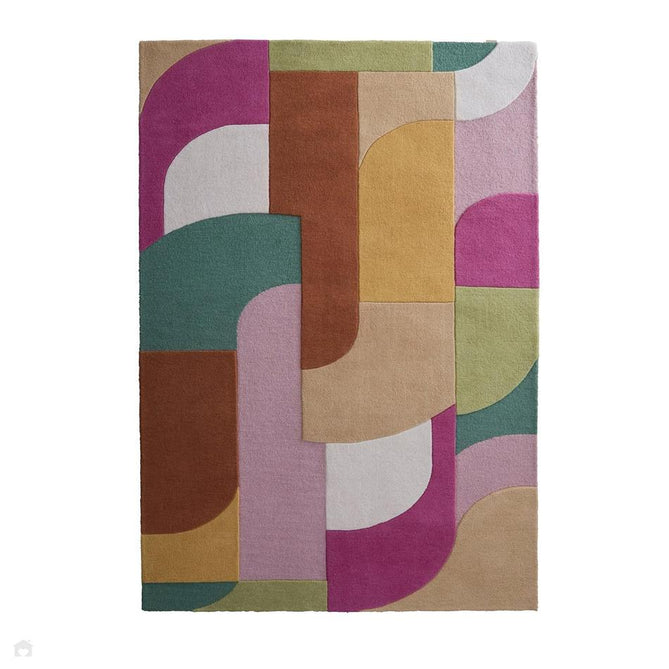Retro Deco Modern Curved Layered Geometric Colour Block Hand-Woven Wool Fuchsia Pink/Blush/Warm Rust/Golden Yellow/Mint Green/Ivory/Soft Beige Rug-Origins-Rug Love - The Most Loved Rug Store