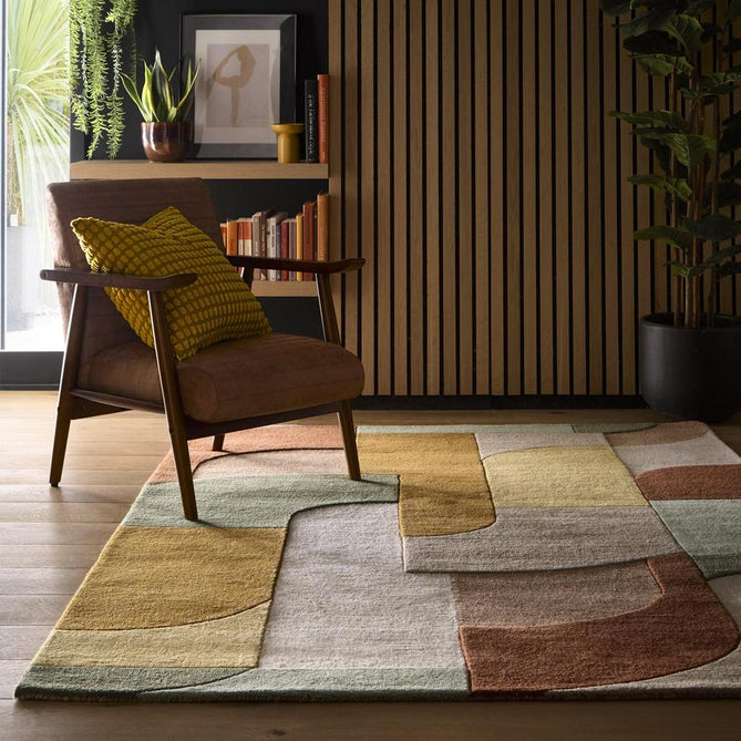 Retro Deco Modern Curved Layered Geometric Colour Block Hand-Woven Wool Tan/Mustard/Rust Red/Olive/Soft Beige/Ivory/Muted Peach Rug-Origins-Rug Love - The Most Loved Rug Store