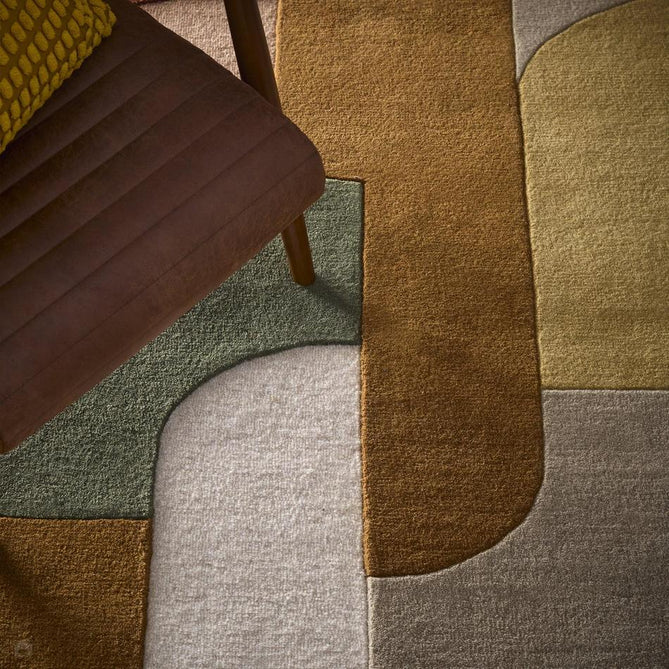 Retro Deco Modern Curved Layered Geometric Colour Block Hand-Woven Wool Tan/Mustard/Rust Red/Olive/Soft Beige/Ivory/Muted Peach Rug-Origins-Rug Love - The Most Loved Rug Store