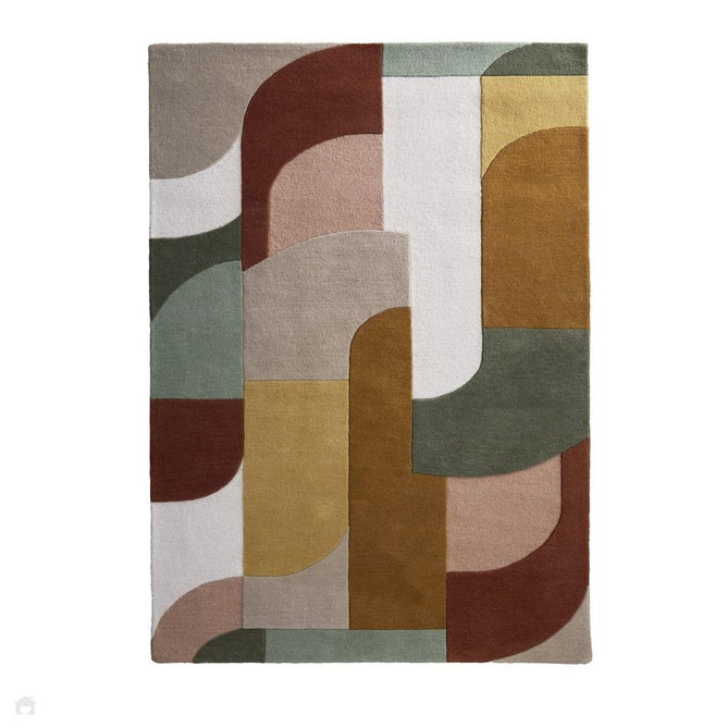 Retro Deco Modern Curved Layered Geometric Colour Block Hand-Woven Wool Tan/Mustard/Rust Red/Olive/Soft Beige/Ivory/Muted Peach Rug-Origins-Rug Love - The Most Loved Rug Store