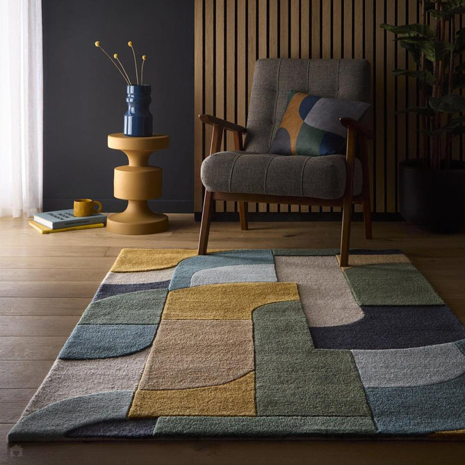 Retro Deco Modern Curved Layered Geometric Colour Block Hand-Woven Wool Teal Blue/Navy Blue/Mustard/Olive/Sky Blue/Beige/Soft Ivory Rug-Origins-Rug Love - The Most Loved Rug Store