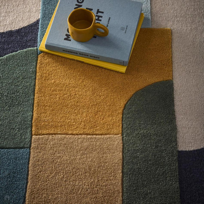 Retro Deco Modern Curved Layered Geometric Colour Block Hand-Woven Wool Teal Blue/Navy Blue/Mustard/Olive/Sky Blue/Beige/Soft Ivory Rug-Origins-Rug Love - The Most Loved Rug Store